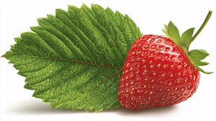 一颗鲜草莓与翠绿叶片
