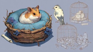 仓鼠安卧鸟巢旁的温馨画面