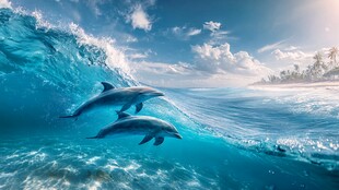 海豚跃于碧海蓝天间