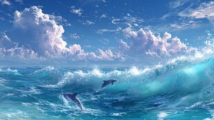 梦幻海洋上的海豚跃浪图景