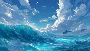 碧海蓝天间的海豚逐浪