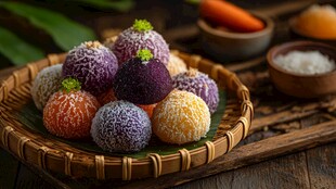 多彩糯米团子摆于竹篮间