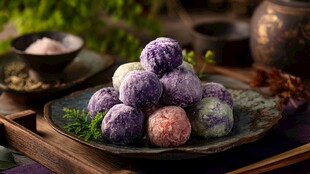 多彩糯米团子摆于古风盘