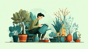 男子专注浇灌多彩盆栽