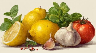 柠檬番茄等新鲜食材组合