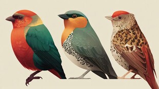 三只色彩绚丽的鸟类