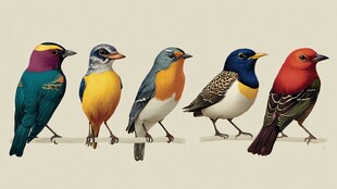 五只色彩斑斓的鸟儿站成排