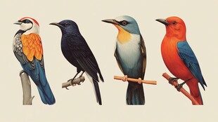 四只多彩小鸟栖息枝头