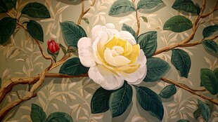 白黄山茶花枝叶装饰图案