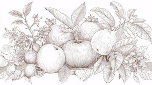 手绘水果与枝叶组合图