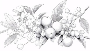 手绘水果花枝素描图