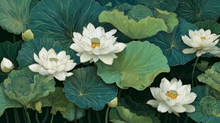 洁白荷花绽放于绿叶间