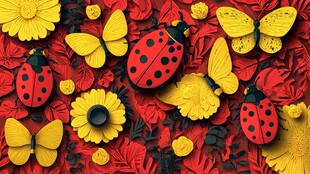 红底上的瓢虫蝴蝶花卉图案