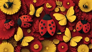 花丛中的瓢虫与蝴蝶