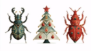 圣诞主题甲虫与圣诞树插画