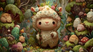 小羊玩偶置身奇幻森林