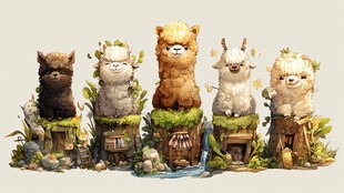 萌趣羊驼立于奇幻树桩上