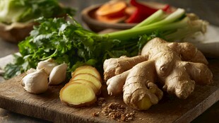 砧板上的多样新鲜调味蔬菜