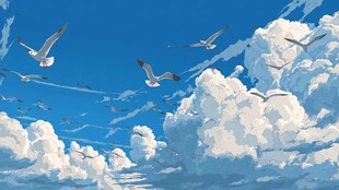 天空中飞翔的海鸥与云朵