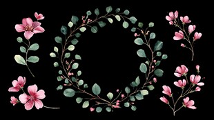 手绘粉色花卉绿叶装饰元素