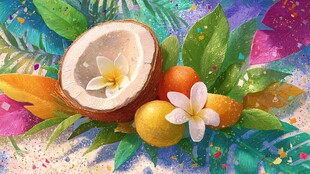 热带水果与花卉梦幻插画