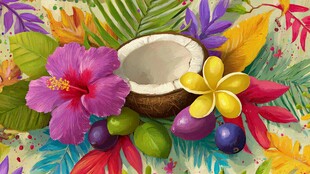 热带花卉与椰子的缤纷组合