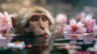 水中猴伴落花惹人怜