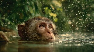 猕猴水中惬意沐浴瞬间