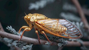 金色蝉栖息于枝头特写