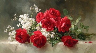 红玫瑰与满天星静物油画