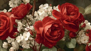 艳丽红玫瑰与白色小花