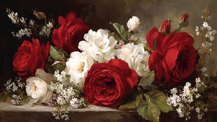 红白玫瑰花卉静物画