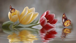 蝴蝶伴郁金香于水面之景