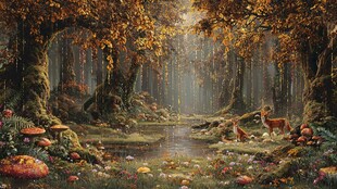 秋日森林中的静谧动物世界