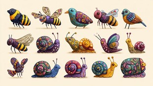 多彩手绘昆虫与小鸟集合