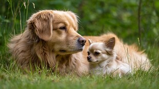 大狗与小狗的温馨草地时光