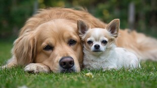 金毛与吉娃娃惬意躺草坪