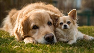 大犬小犬依偎在绿草地上