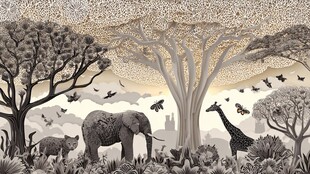 非洲草原动物与繁茂树林