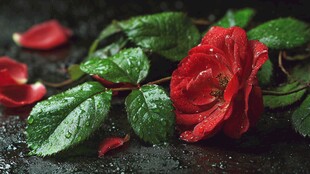 雨中娇艳红玫瑰与绿叶