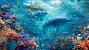 梦幻海底世界的海豚与珊瑚