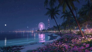海滨夜景下的浪漫摩天轮