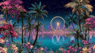 梦幻夜景中的摩天轮与棕榈树