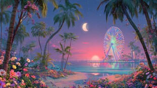 梦幻海滨月夜下的浪漫景致