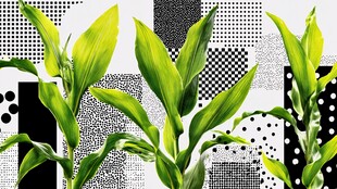 绿叶与黑白几何图案组合
