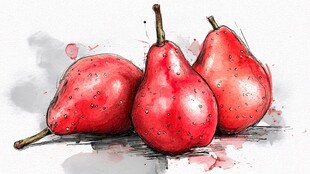 水彩画中的三颗红梨