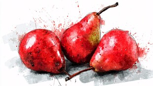 水彩画中的三颗红梨