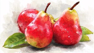 水彩画中的红梨与绿叶