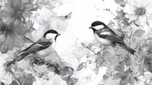 黑白花鸟图中双鸟相依