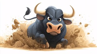 愤怒黑牛奔腾扬起尘土
